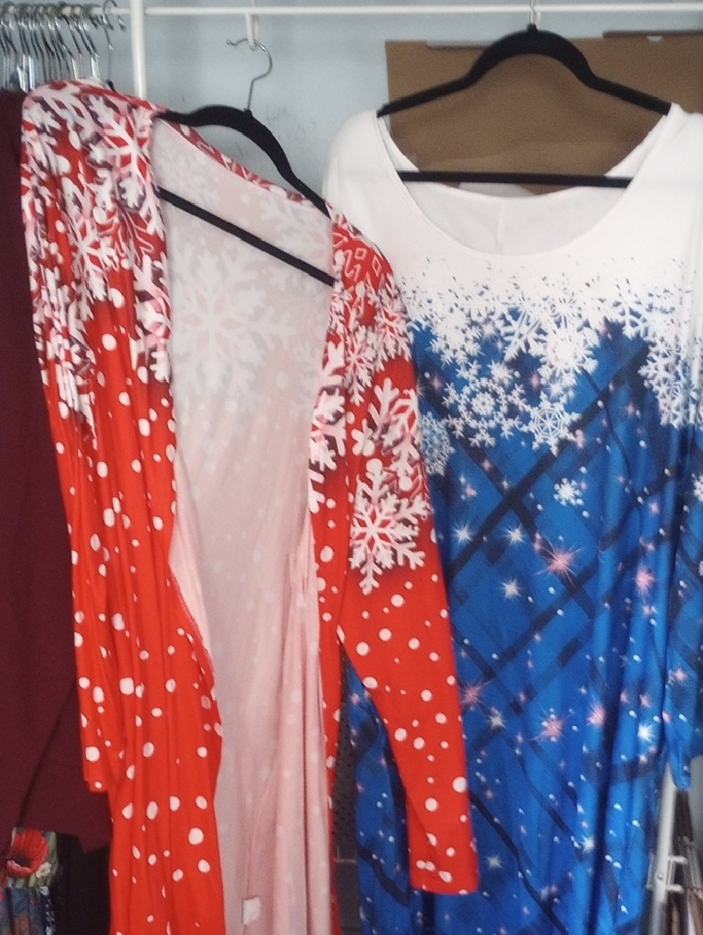 LuLaRoe Red Snowflake Cardigan and Blue Snowflake Dress Set